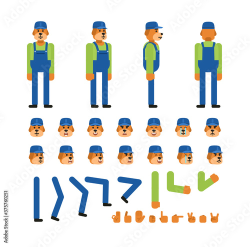 Dog mechanic or construction worker creation kit. Create your own pose, action animation. Minimal design vector illustration