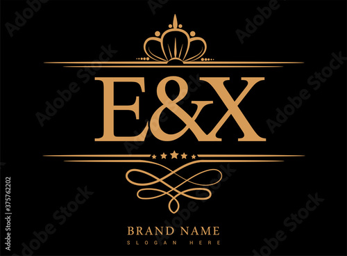 EX Initial logo, Ampersand initial logo gold with crown and classic pattern.