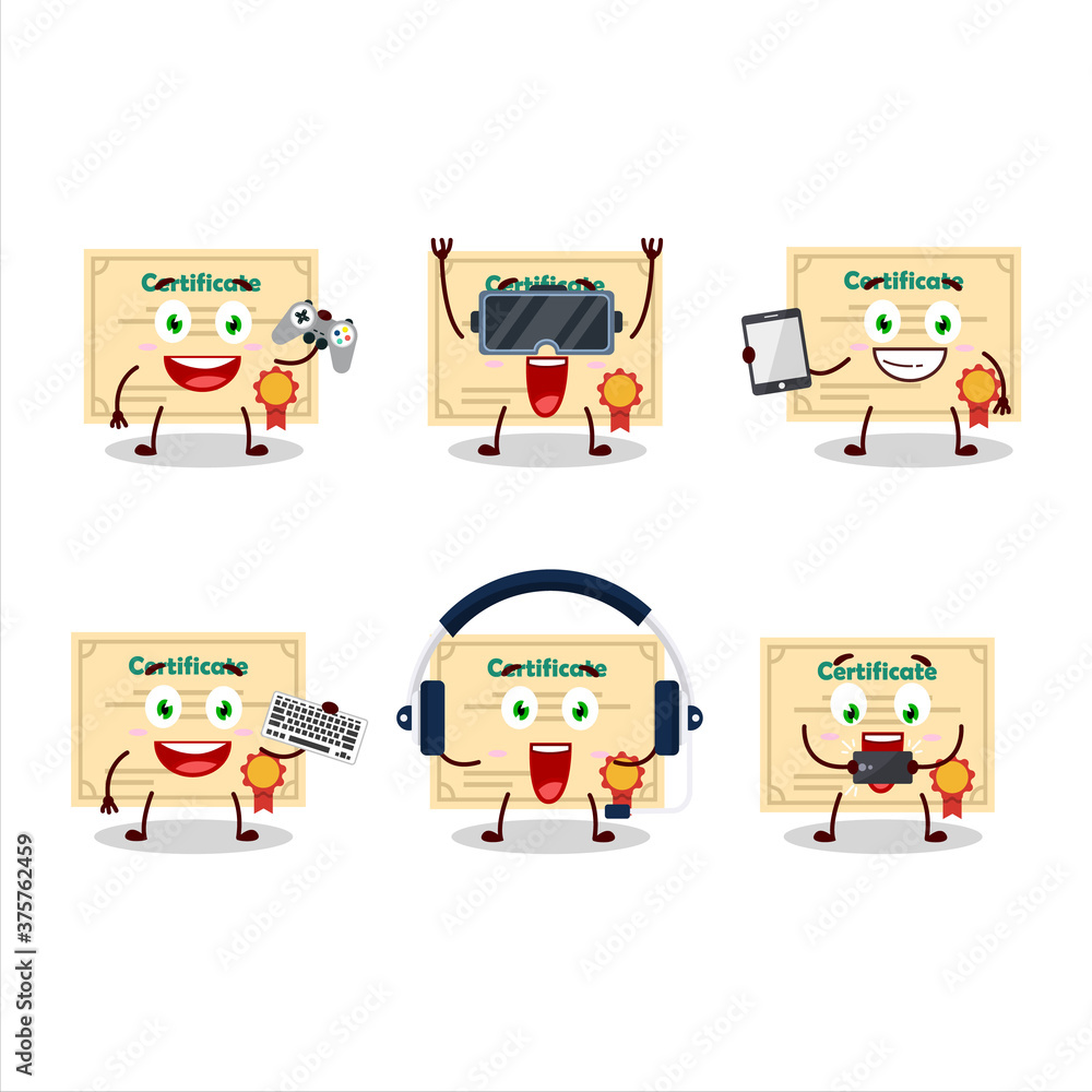 Certificate paper cartoon character are playing games with various cute emoticons