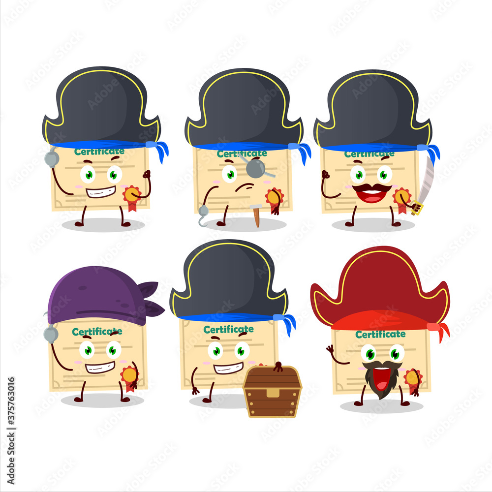 Cartoon character of certificate paper with various pirates emoticons Cartoon character of certificate paper with various pirates emoticons
