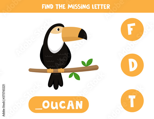 Find missing letter with cute cartoon toucan.