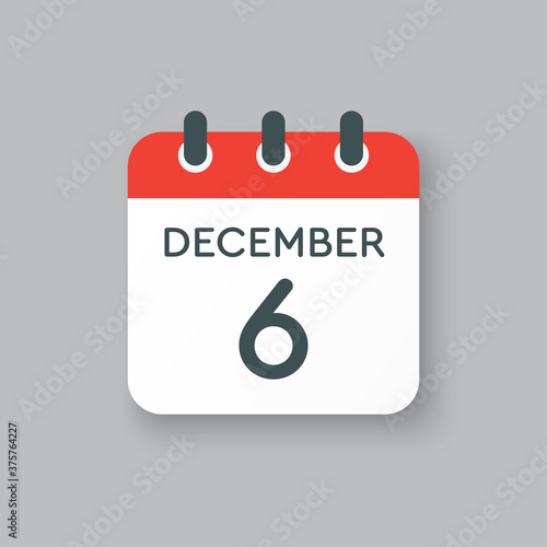 Calendar icon day 6 December, template icon day