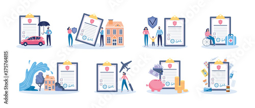 Set for insurance agency of assurance cases, flat vector illustration isolated.