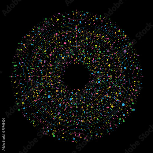 Big data circular visualization with a lot of dots, lines and copy space in center on black background. Design for business, science, technology. Vector