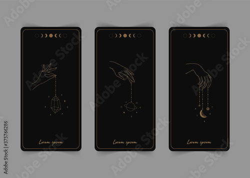 Magical tarot cards. The reverse side. Magic and esoteric. Tarot vector illustration in boho style with mystic symbols, crystals and line art stars. Witchcraft concept for tarot readers.
