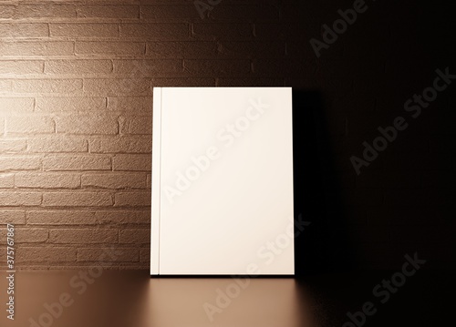 Empty book on a wooden shelf. Brick wall. Presentation of the book. 3D rendering.	