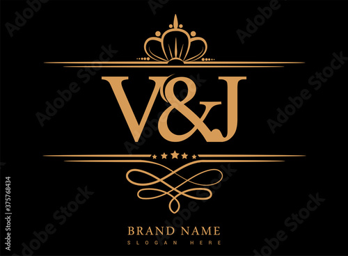 VJ Initial logo, Ampersand initial logo gold with crown and classic pattern.
