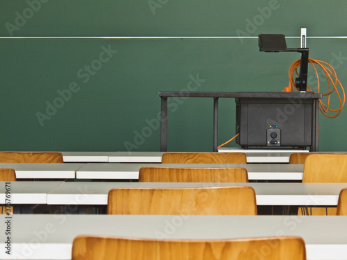 Empty classroom with overhead projector