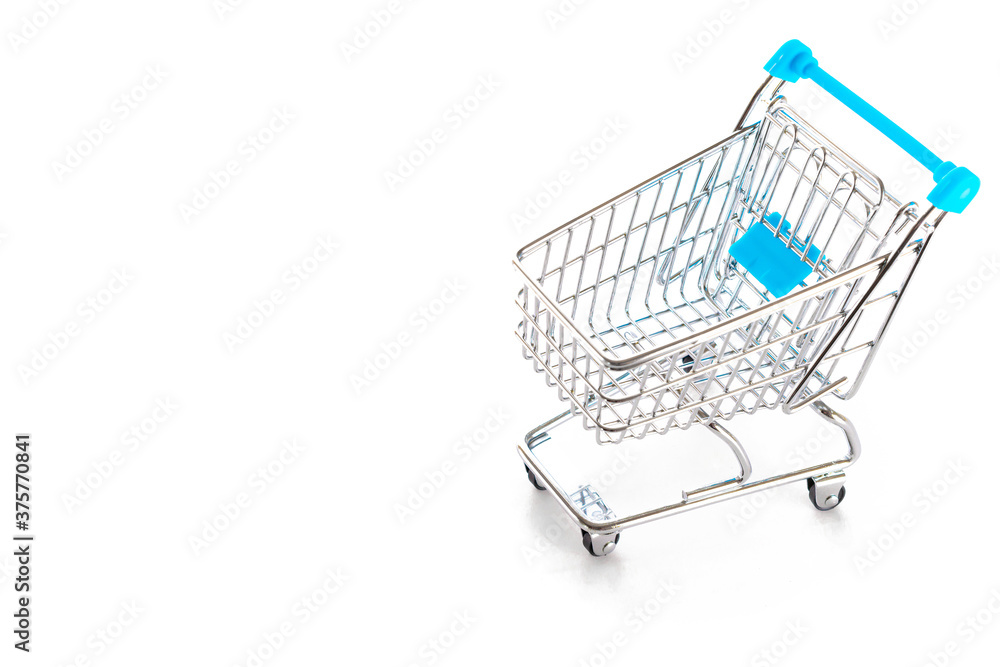 Stainless steel cart. Food shopping basket for retail market. Empty trolley cart for supermarket isolated on white background. Sale buy mall market shop consumer concept. Copy space.