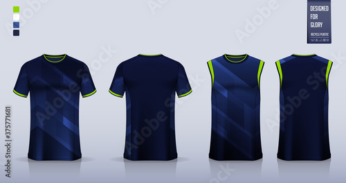 Blue geometric abstract pattern T-shirt sport, Soccer jersey, football kit, basketball uniform, tank top, and running singlet mockup.