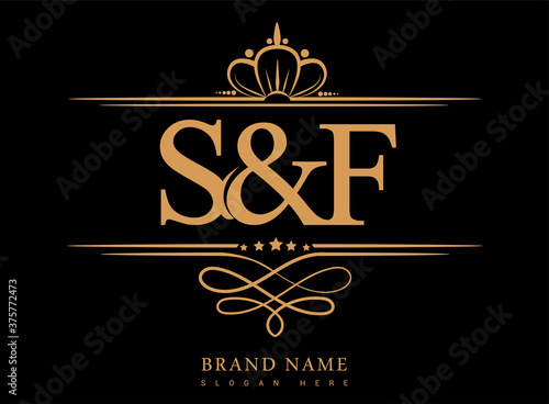 SF Initial logo, Ampersand initial logo gold with crown and classic pattern.
