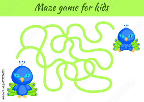 Funny maze or labyrinth game for kids. Help mother find path to baby. Education developing worksheet. Activity page. Cartoon peacock characters. Riddle for preschool. Color vector stock illustration.
