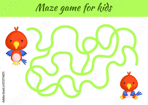 Funny maze or labyrinth game for kids. Help mother find path to baby. Education developing worksheet. Activity page. Cartoon parrot characters. Riddle for preschool. Color vector stock illustration.