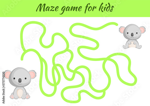 Funny maze or labyrinth game for kids. Help mother find path to baby. Education developing worksheet. Activity page. Cartoon koala characters. Riddle for preschool. Color vector stock illustration.