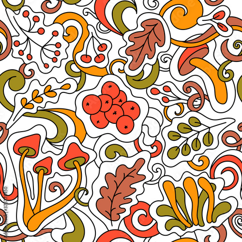 Fototapeta Naklejka Na Ścianę i Meble -  Seamless Doodle with berries, mushrooms and leaves. Autumn pattern for fabric, background and other things . Hand drawn vector pattern