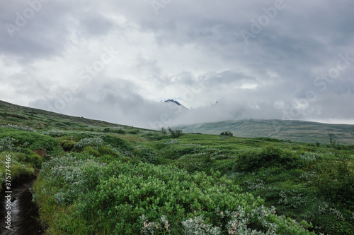 Walking towards peak veiled behind clouds photo