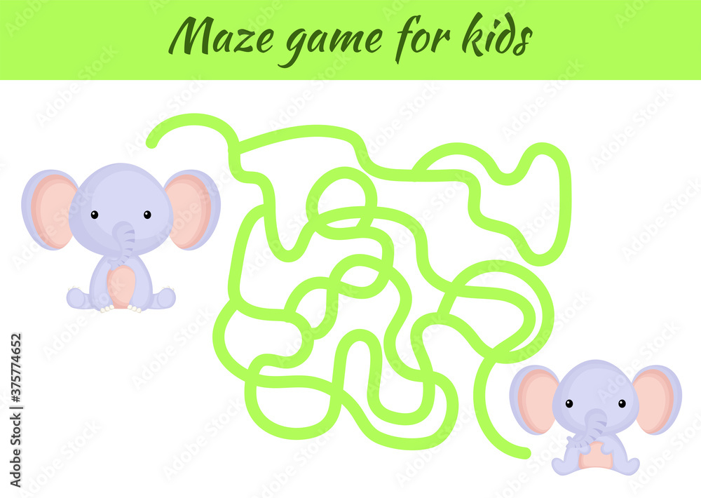 Funny maze or labyrinth game for kids. Help mother find path to baby. Education developing worksheet. Activity page. Cartoon elephant characters. Riddle for preschool. Color vector stock illustration.