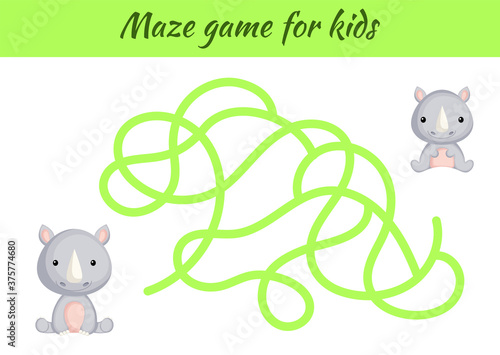 Funny maze or labyrinth game for kids. Help mother find path to baby. Education developing worksheet. Activity page. Cartoon rhino characters. Riddle for preschool. Color vector stock illustration.