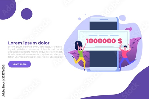 Character holding money prize, bank check for a million dollars. Winning lottery ticket. Vector illustration in flat design.