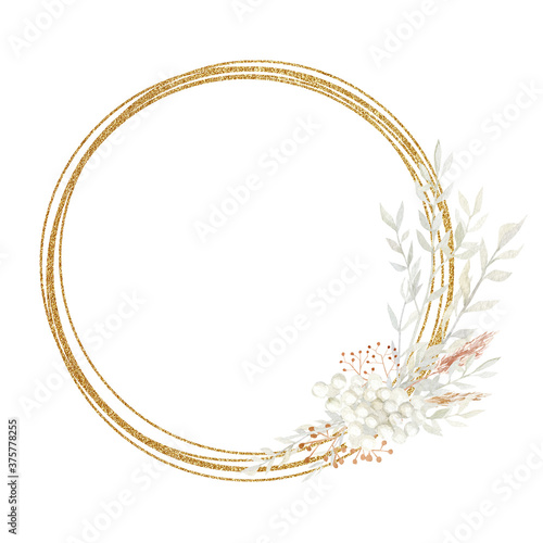 Watercolor fall autumn frame illustration. Dried floral branches and leaves, winter botanical wreath illustration for bridal shower, wedding invintation, baby shower, baby nursery decor