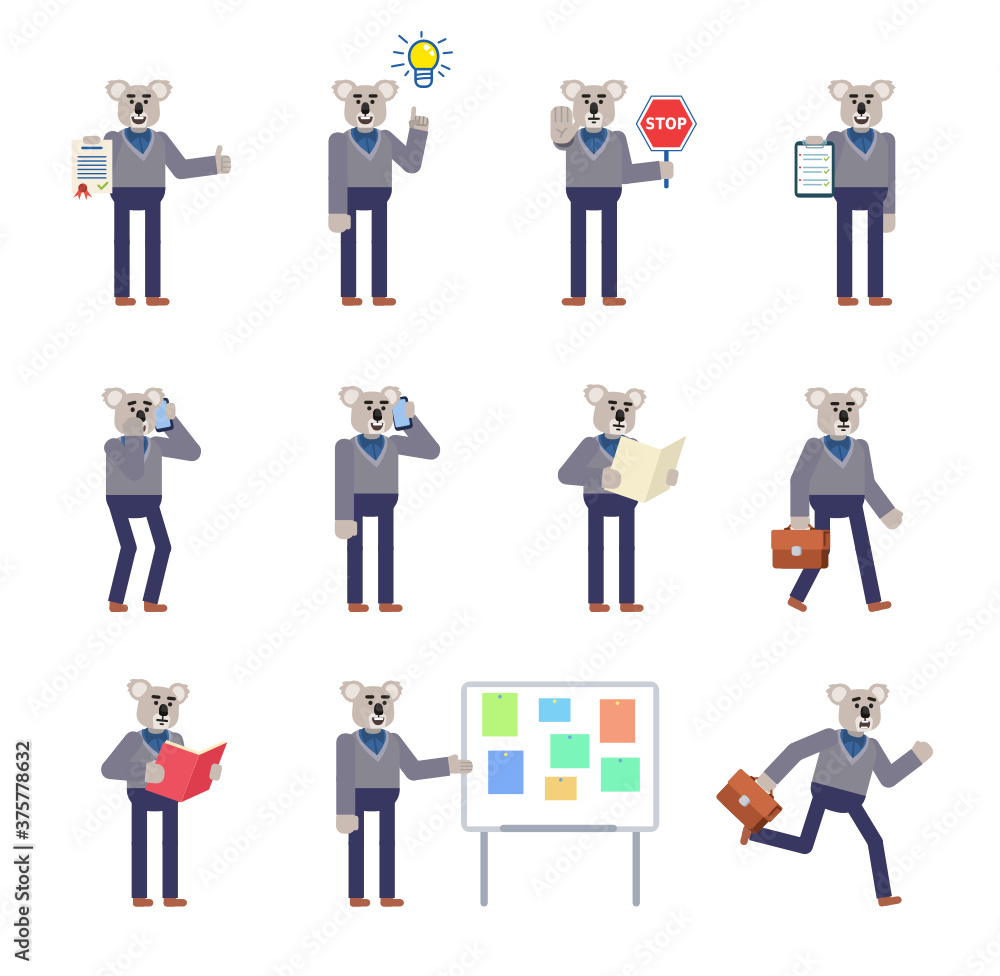 Set of koala characters showing various actions. Cheerful koala holding stop sign, clipboard, document, talking on phone, running and showing other actions. Flat design vector illustration
