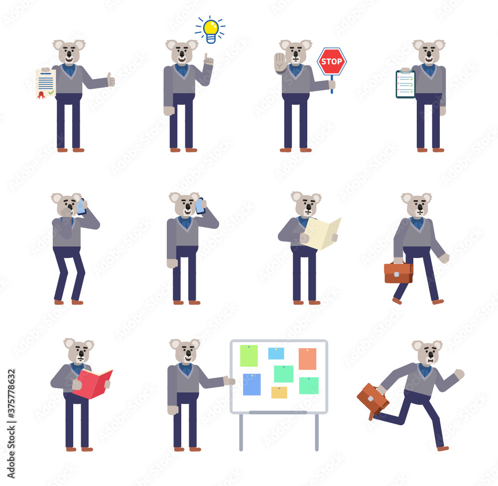Set of koala characters showing various actions. Cheerful koala holding stop sign, clipboard, document, talking on phone, running and showing other actions. Flat design vector illustration Set of koala characters showing various actions. Cheerful koala holding stop sign, clipboard, document, talking on phone, running and showing other actions. Flat design vector illustration