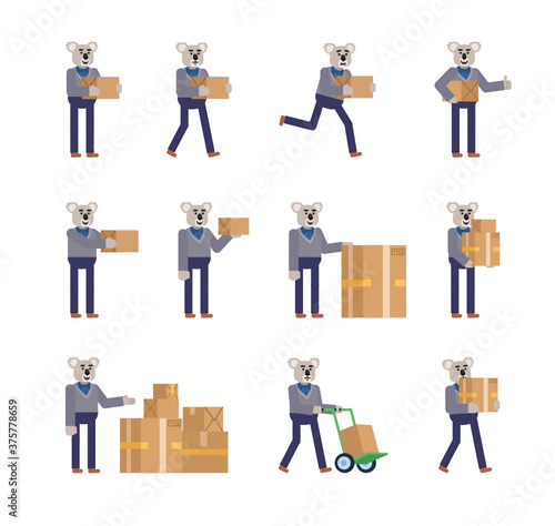 Set of koala characters posing with parcel box. Cheerful koala walking, running with box and showing other actions. Flat design vector illustration