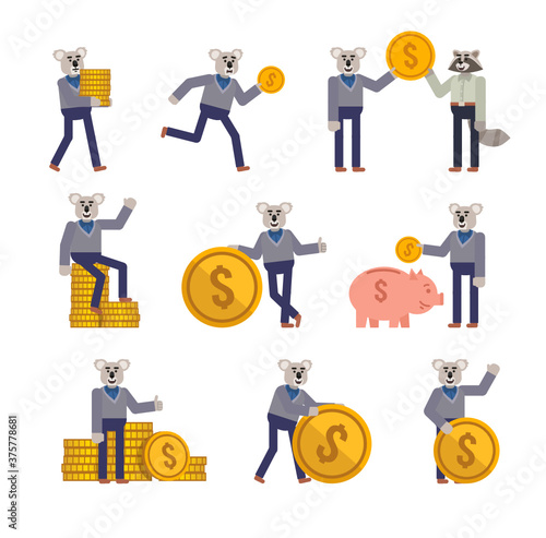 Set of koala characters posing with big coin. Cheerful koala holding big golden coin, running, saving money and showing other actions. Flat design vector illustration