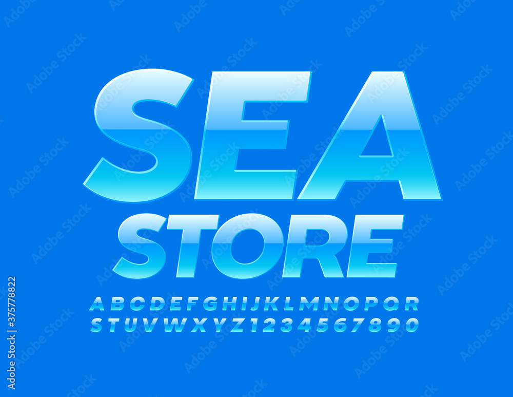 Vector blue emblem Sea Store. Glossy modern Font. Stylish modern Alphabet Letters and Numbers set Vector blue emblem Sea Store. Glossy modern Font. Stylish modern Alphabet Letters and Numbers set