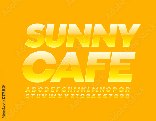 Vector bright emblem Sunny Cafe. Yellow modern Font. Glossy Alphabet Letters and Numbers set