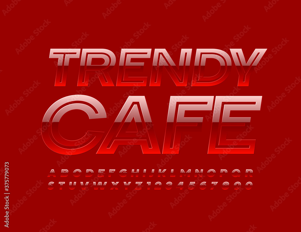 Vector modern banner Trendy Cafe. Bright Glossy Font. Creative red Alphabet Letters and Numbers Vector modern banner Trendy Cafe. Bright Glossy Font. Creative red Alphabet Letters and Numbers