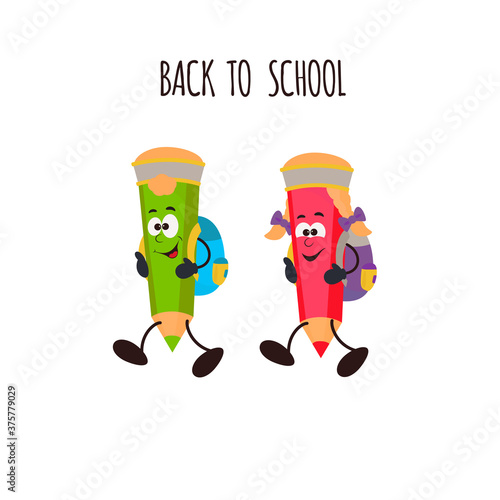 Back to school concept. Cute cartoon pencils with  school bag. Vector illustration in cartoon style. Cute pupils pencil character