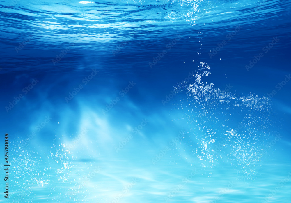 BLUE UNDER WATER waves and bubbles. Underwater blue ocean background in