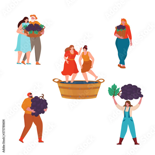 Concept Of Wine Production. Cartoon  small man and woman worker characters gardening, harvesting on Vineyard, stage of wine production. Vector Illustration for web page, presentation, print, banner