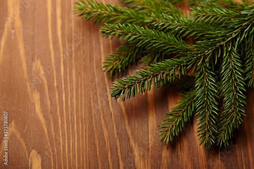 New Year concept, fir branch on the wooden background