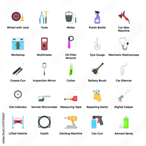 Automobile Parts and Repair Car Services Flat Icons Pack