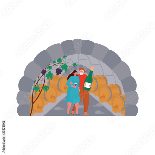 Winery production with man and woman in storage cellar tasting wine aging in oak barrels. Winemaking concept. vector website template, banera, card, advertising