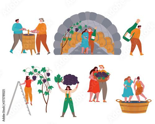Concept Of Wine Production. Cartoon  small man and woman worker characters gardening, harvesting on Vineyard, stage of wine production. Vector Illustration for web page, presentation, print, banner