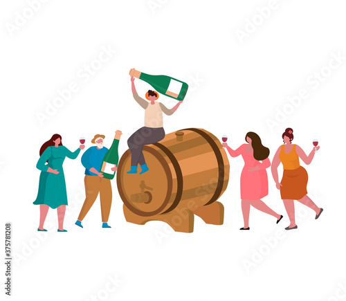 Wine tasting with small people with glasses of wine and wine aging in oak barrels. Winemaking concept. vector website template, bannera, card, advertising
