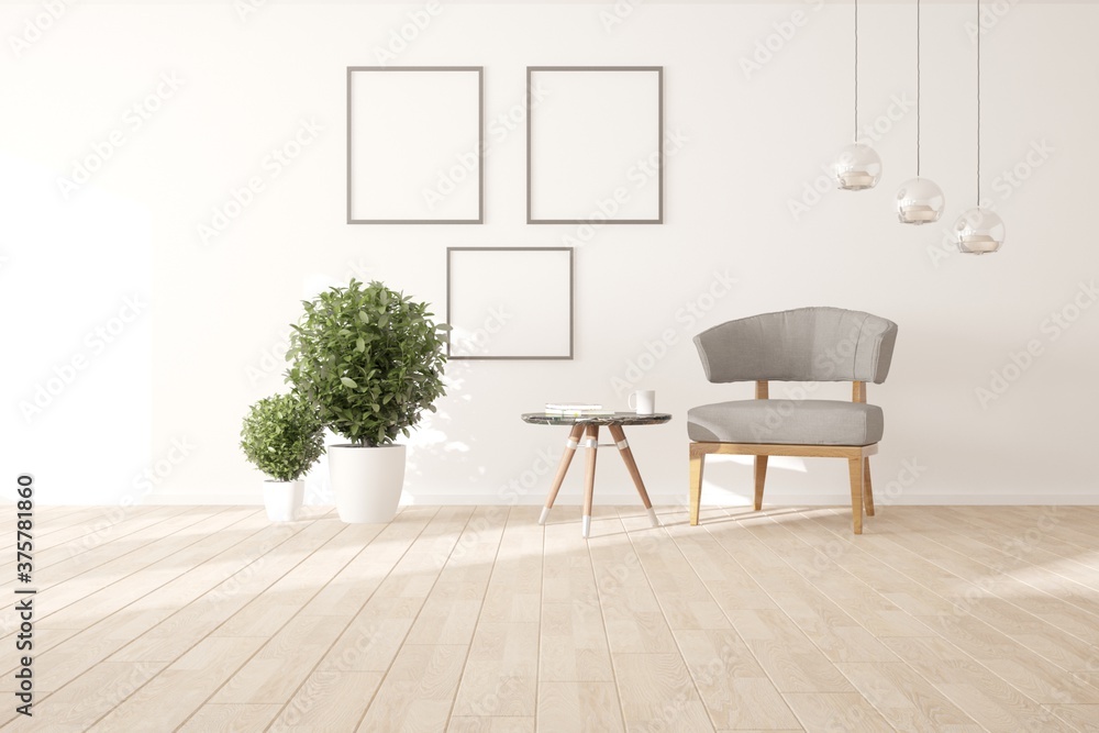 modern room with armchair,lamp,plants,frames and table with tea set interior design. 3D illustration modern room with armchair,lamp,plants,frames and table with tea set interior design. 3D illustration