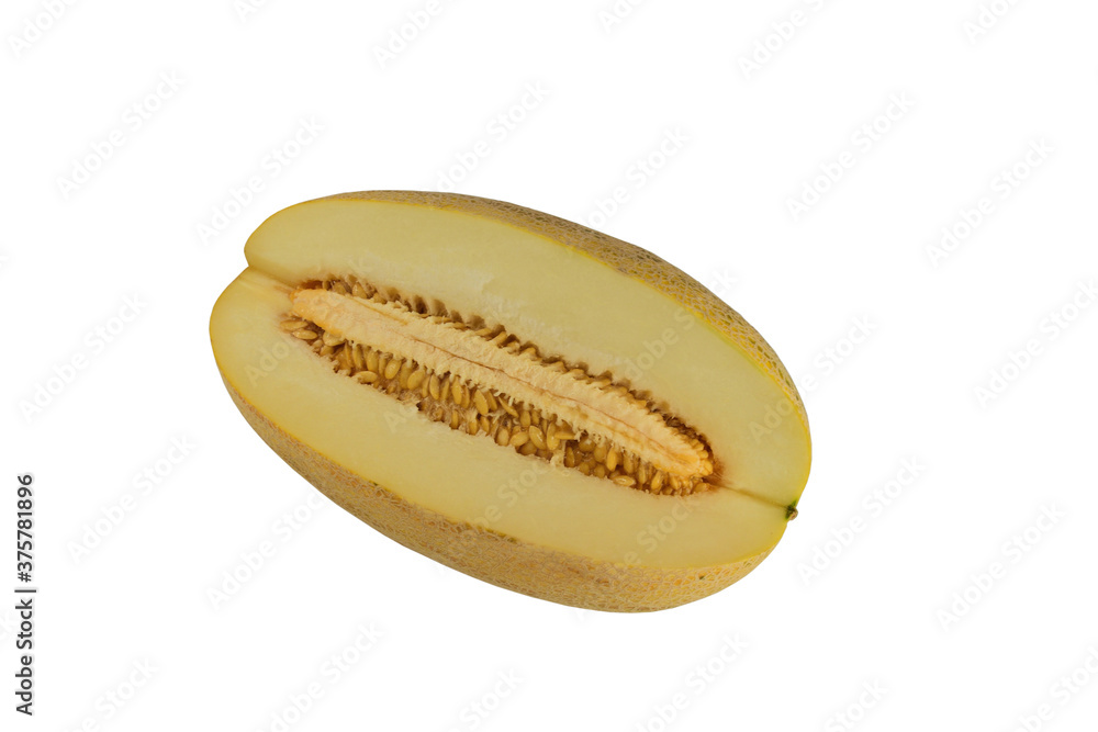 Ripe melon with a wedge cut and bones visible Ripe melon with a wedge cut and bones visible