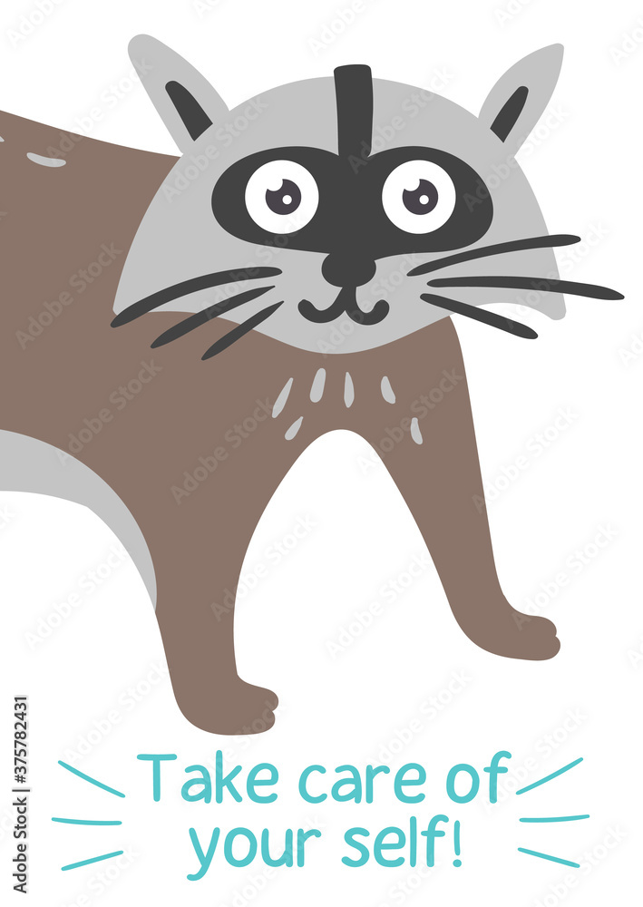 Cute raccoon on a greeting card. Vector Illustration