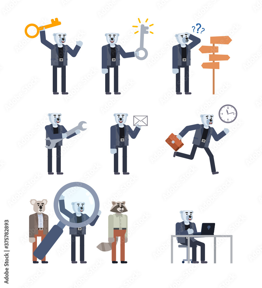 Set of polar bear characters showing various actions. Cheerful white bear holding big key, mail letter, screwdriver, running, working and showing other actions. Flat design vector illustration Set of polar bear characters showing various actions. Cheerful white bear holding big key, mail letter, screwdriver, running, working and showing other actions. Flat design vector illustration
