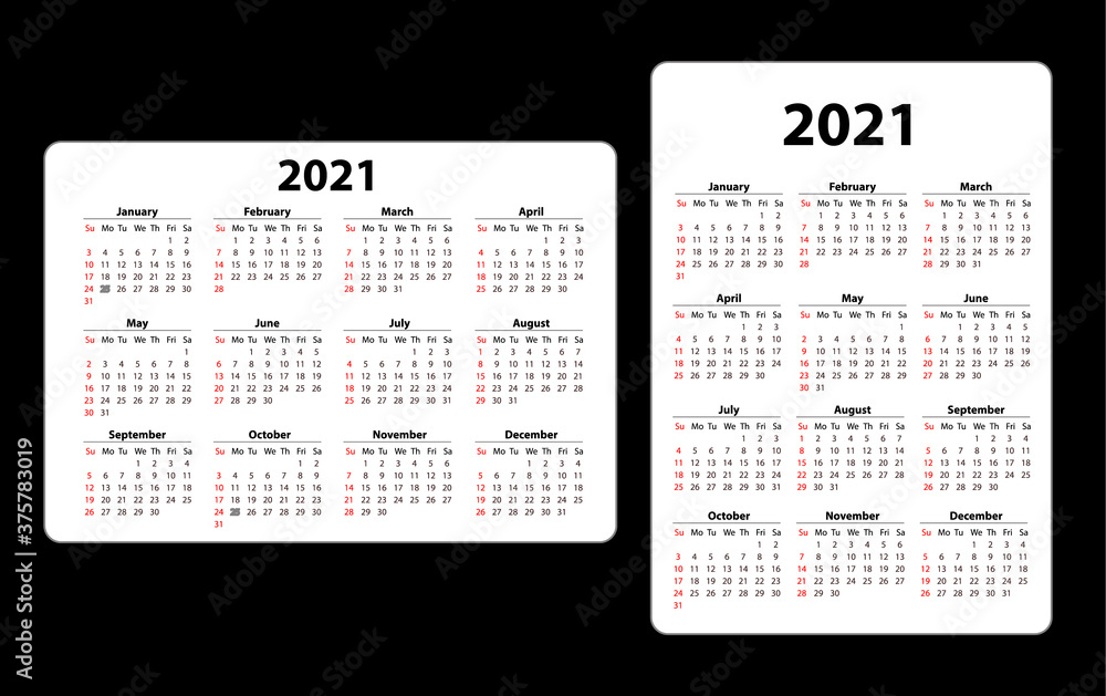 Two Pocket calendar on 2021 year. Horizontal and vertical. Week starts ...