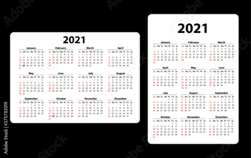 Two Pocket calendar on 2021 year. Horizontal and vertical. Week starts from Sunday. Vector template calendar for business on black background.