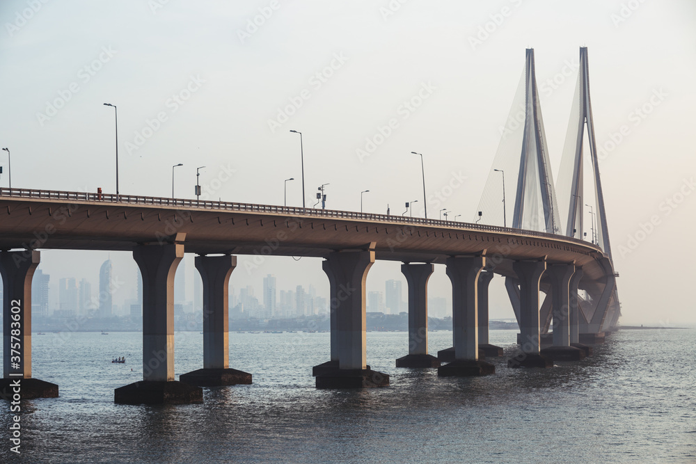 Cable bridge in the sea. Bandra Worli Sea Link Rajiv Gandhi Sea Link, Mumbai, India Stock