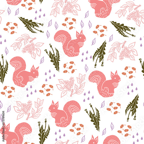 Seamless pattern with squirrels and owls  autumn illustration on a white background. Oak leaves with acorns