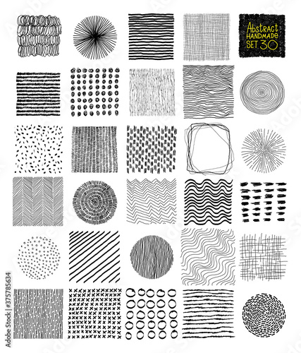 Set of abstract handmade black graphic elements, for decoration, invitations, print, posters, card, fabric. Line vector illustration. Isolated on white background.