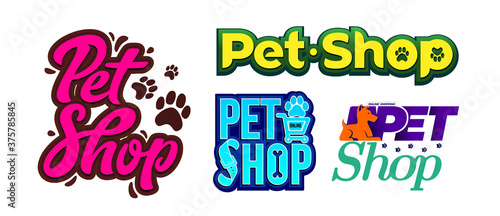 Set of pet shop logo design template. Store with goods and accessories for animals label. Vector lettering with paws signboard. Zoo shop emblem banner, poster, print, site isolated on white background