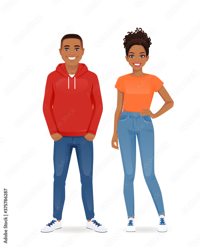 Obraz premium African young people in casual clothes. Smiling couple man and woman isolated vector illustartion